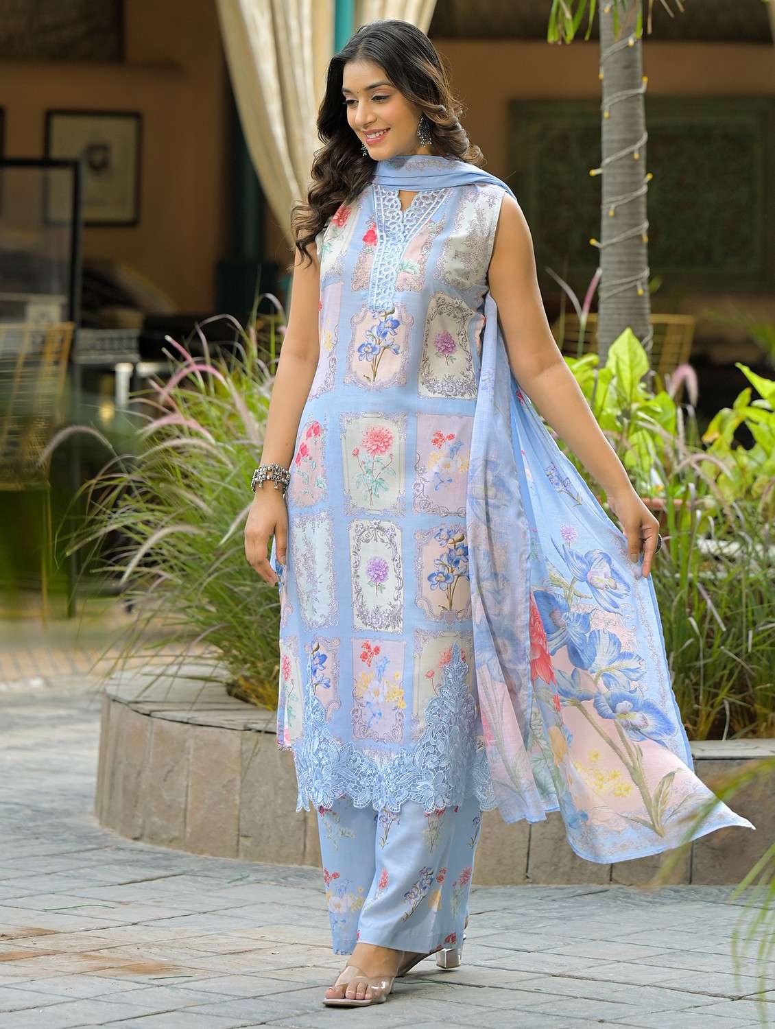 women floral printed sleeveless kurta palazzo with dupatta set - 22093288 - Standard Image - 2
