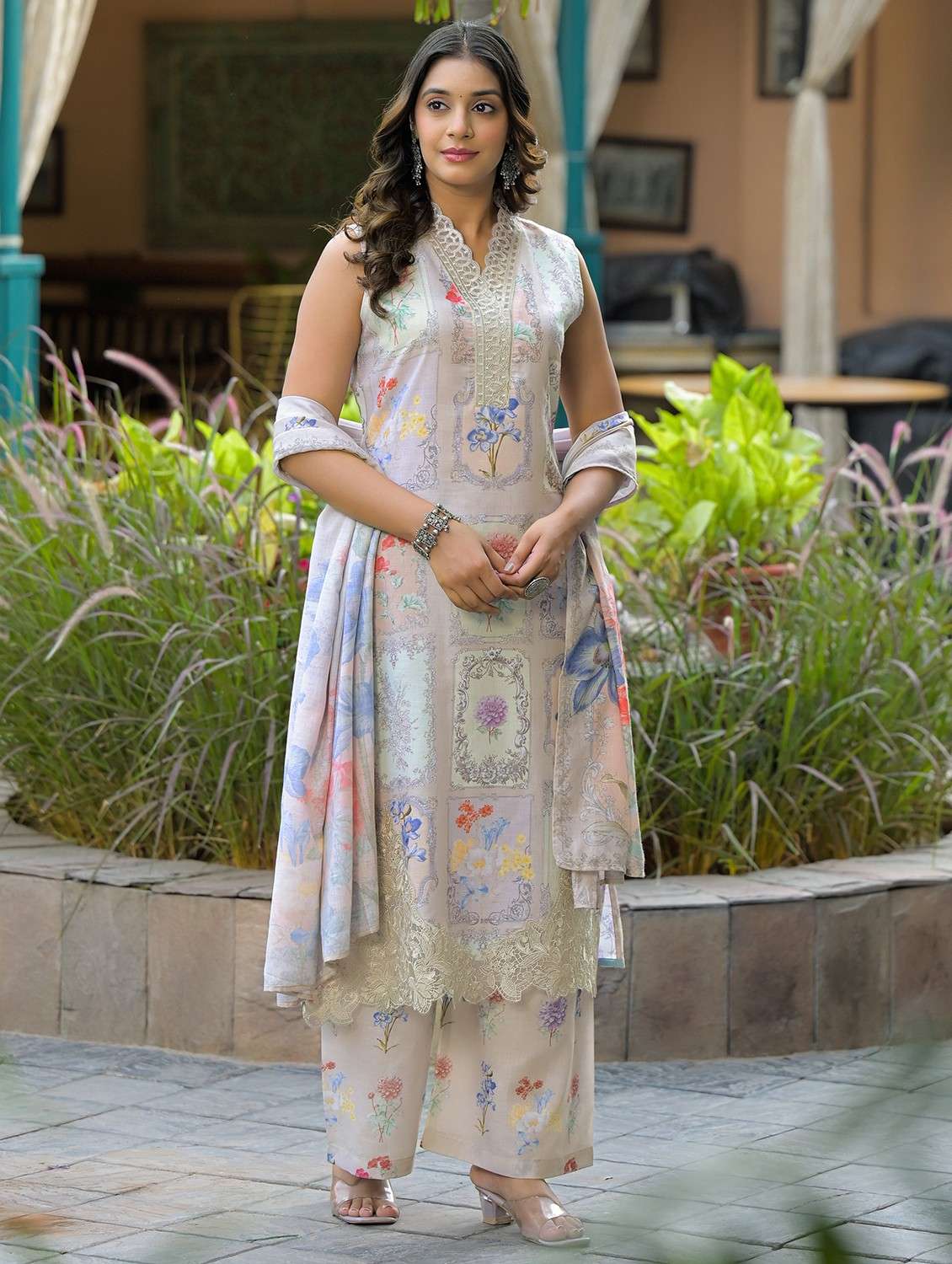 women floral printed sleeveless kurta palazzo with dupatta set - 22093289 - Standard Image - 2