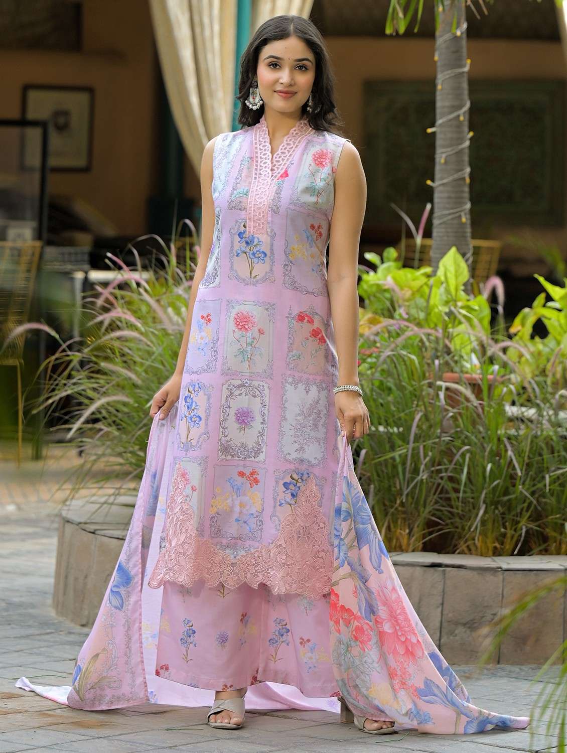 women floral printed sleeveless kurta palazzo with dupatta set - 22093290 - Standard Image - 2