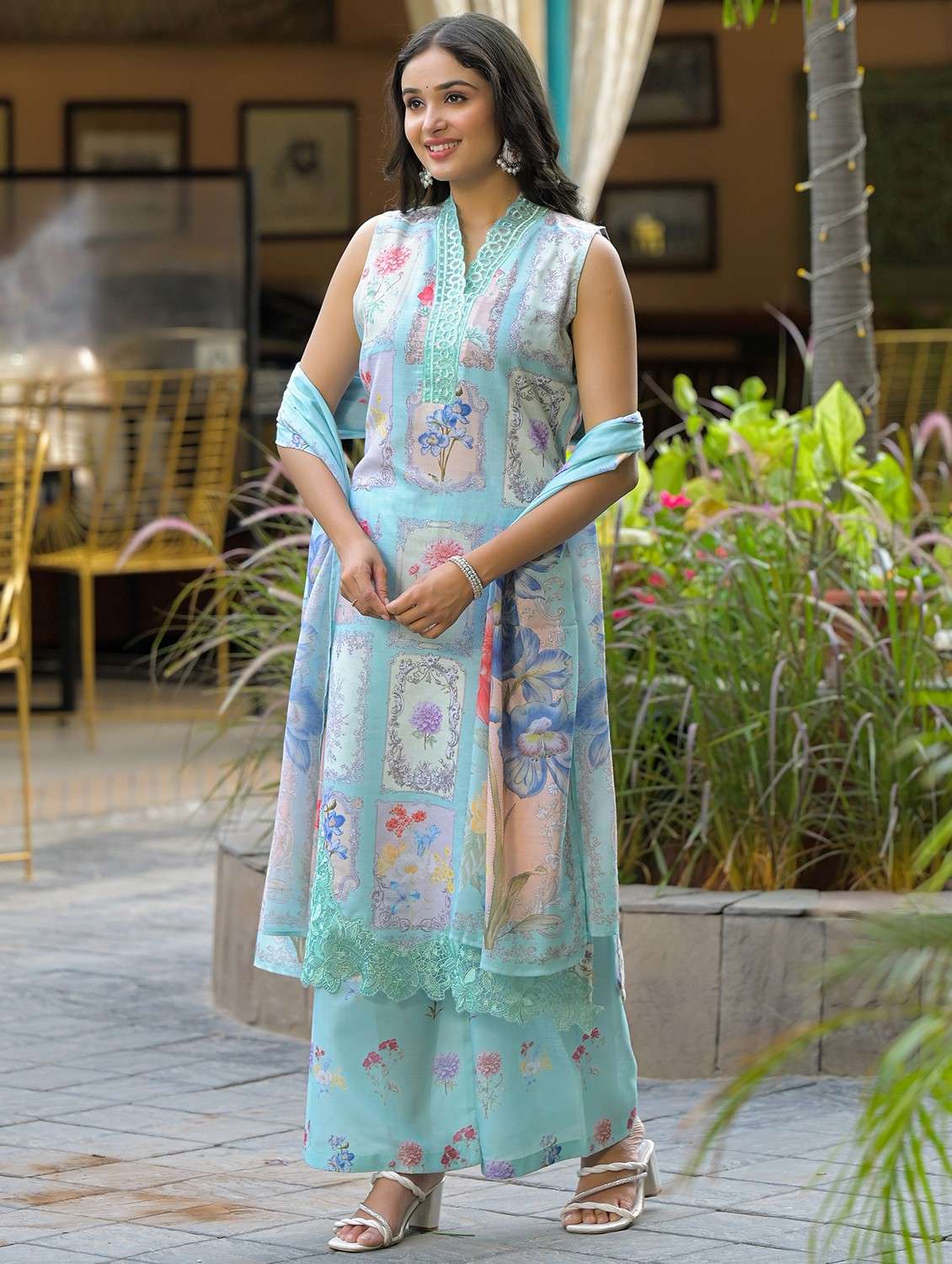 women floral printed sleeveless kurta palazzo with dupatta set - 22093291 - Standard Image - 2