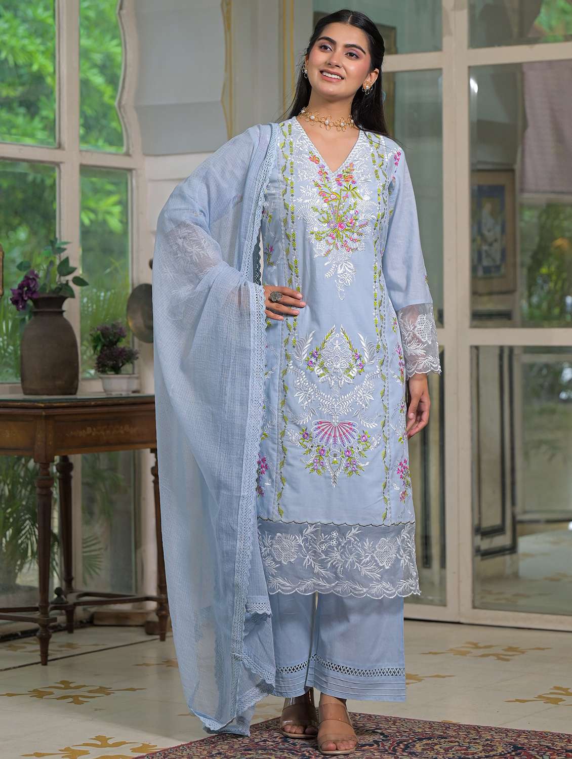 women embroidered long sleeve kurta pant with dupatta set