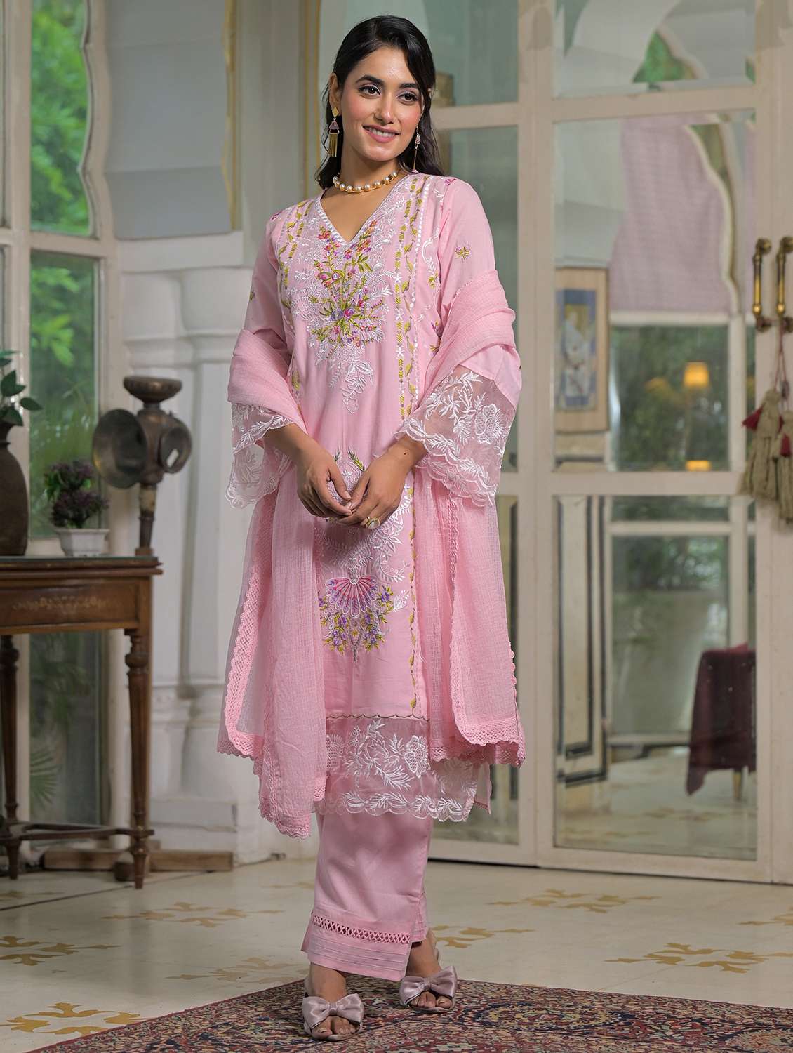 women embroidered long sleeve kurta pant with dupatta set