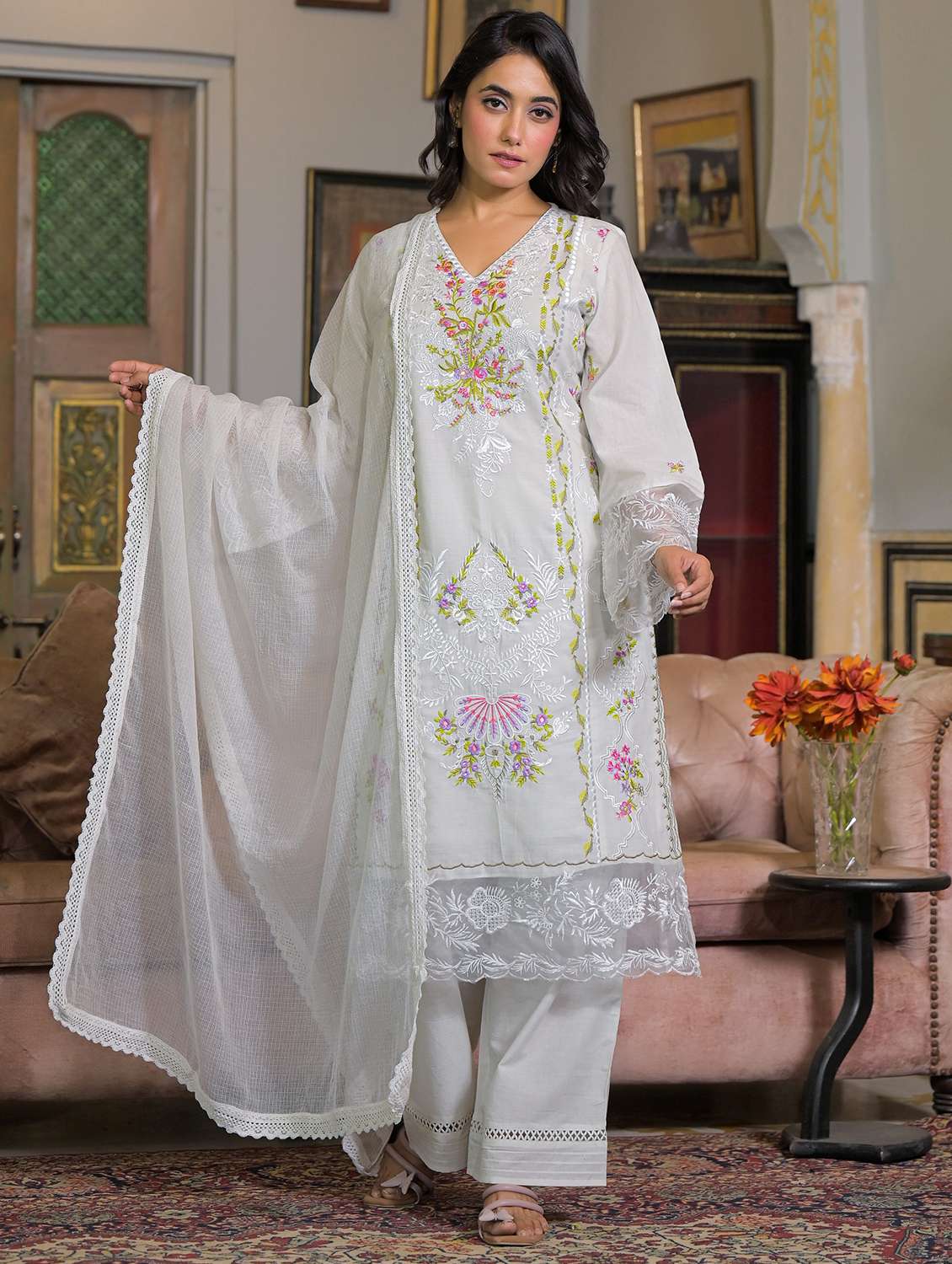 women embroidered long sleeve kurta pant with dupatta set