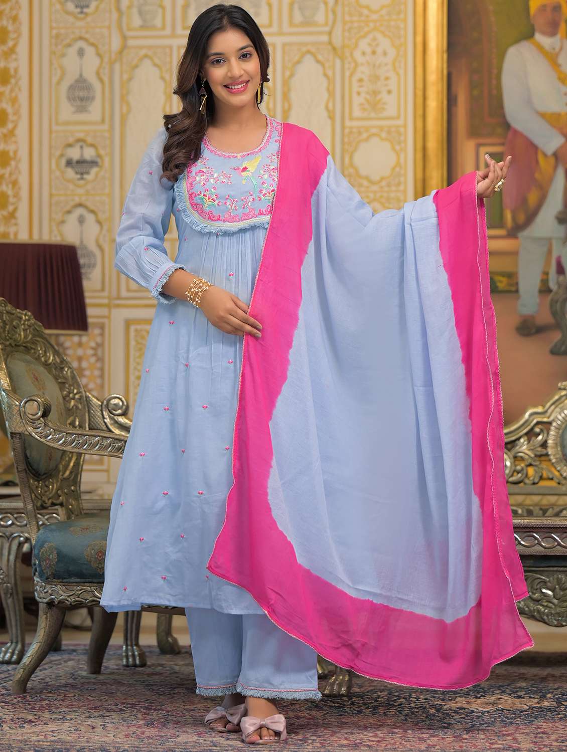 women embroidered long sleeve kurta pant with dupatta set