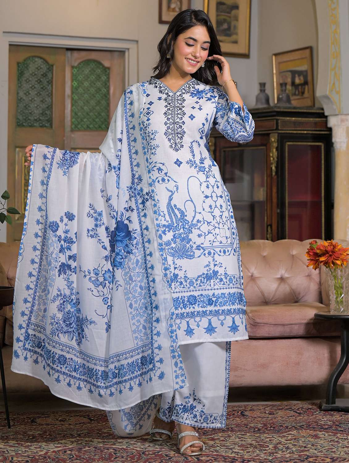women embroidered three quarter sleeve kurta pant with dupatta set