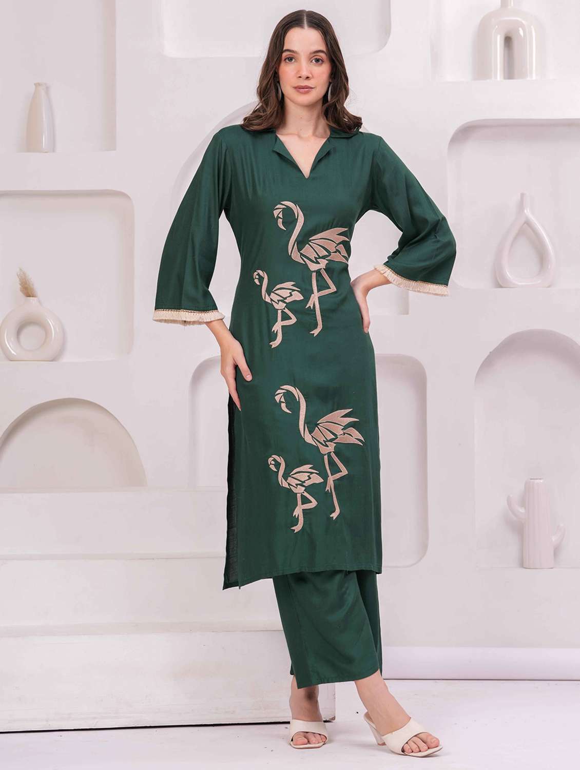 women embroidered bell sleeve kurta and palazzo set
