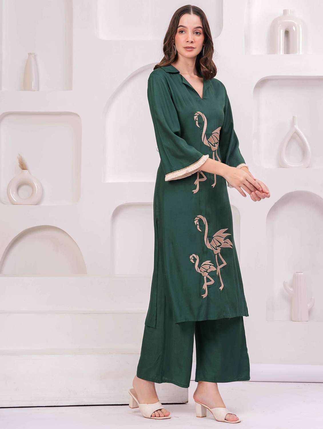 women embroidered bell sleeve kurta and palazzo set - 22093313 - Standard Image - 2