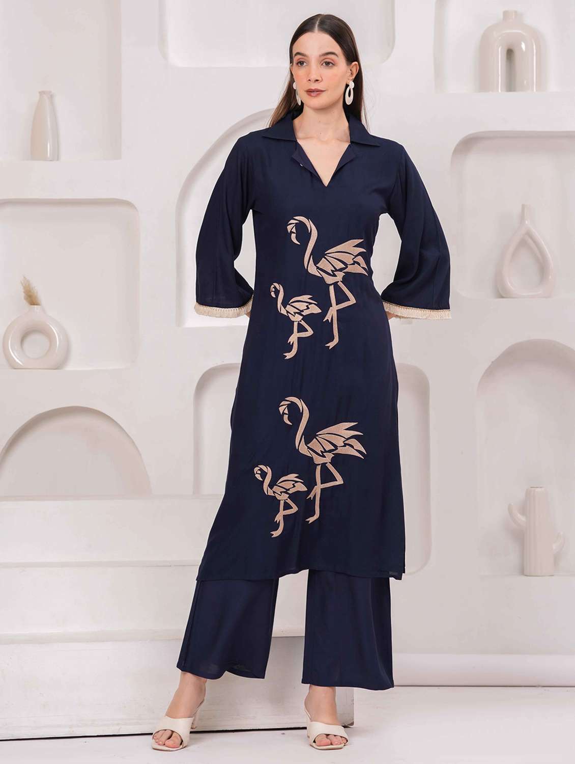 women embroidered bell sleeve kurta and palazzo set - 22093314 - Standard Image - 2