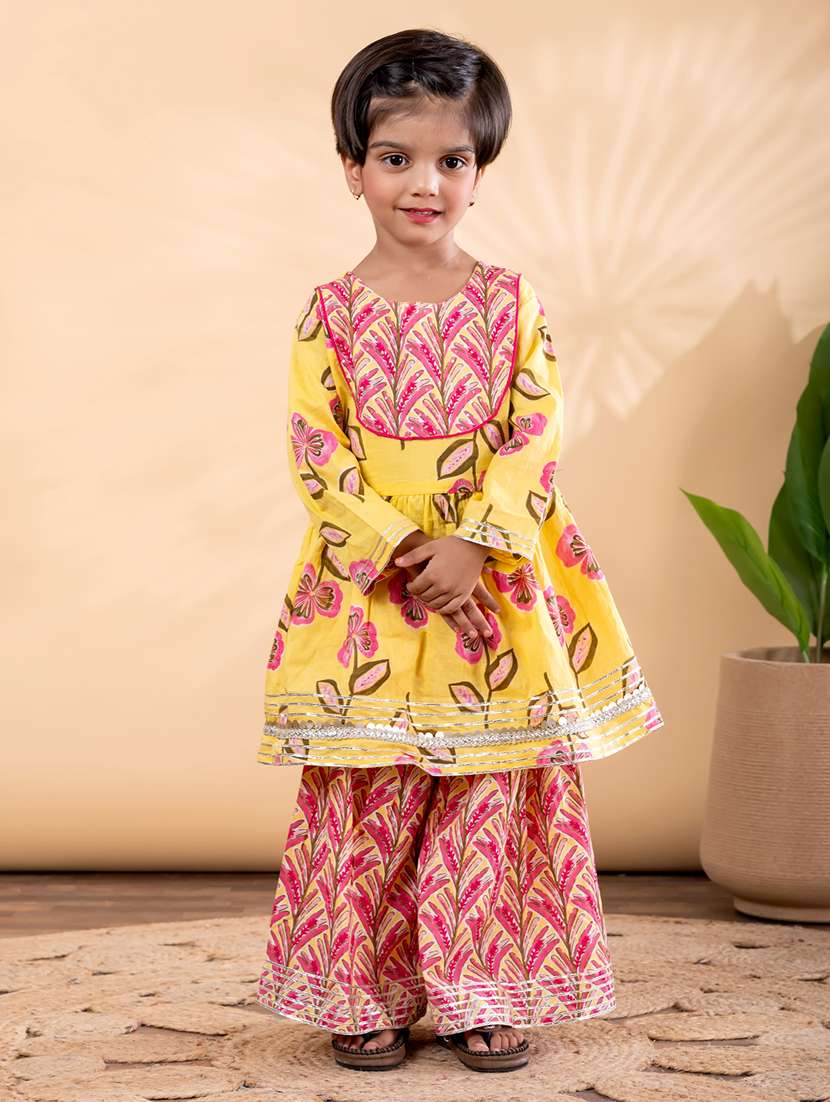 girls floral print long sleeve kurta and sharara set