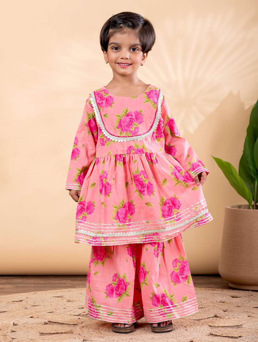 girls printed long sleeve kurta and sharara set 