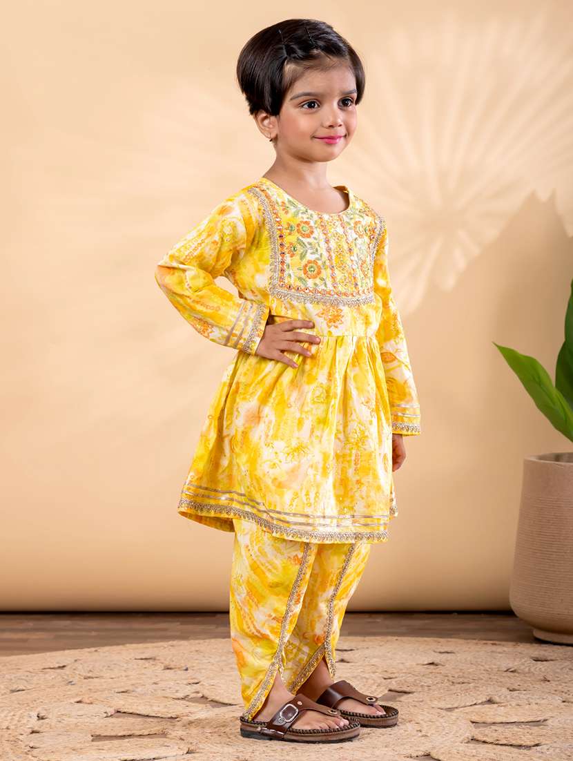 girls printed long sleeve kurta and dhoti set  - 22093330 -  Standard Image - 2