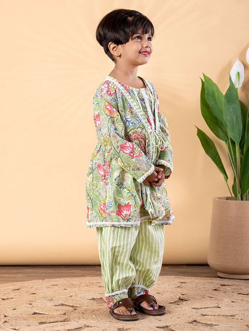 girls printed long sleeve kurta and salwar set  - 22093335 -  Standard Image - 2