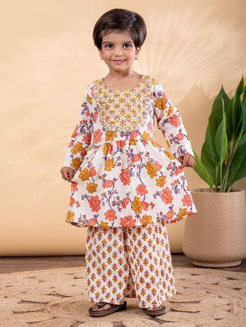girls printed long sleeve kurta and sharara set 
