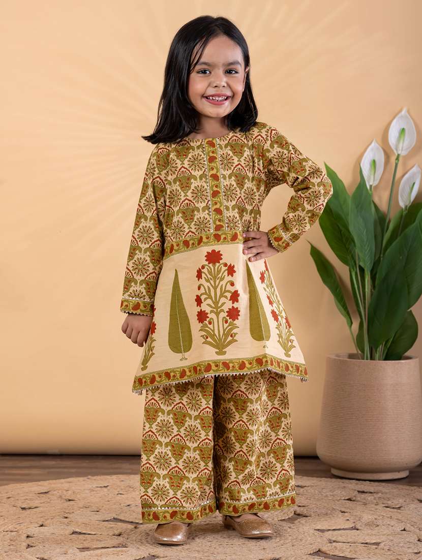 girls printed long sleeve kurta and palazzo set  - 22093340 -  Standard Image - 2