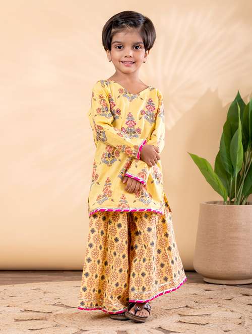 girls printed long sleeve kurta and sharara set 