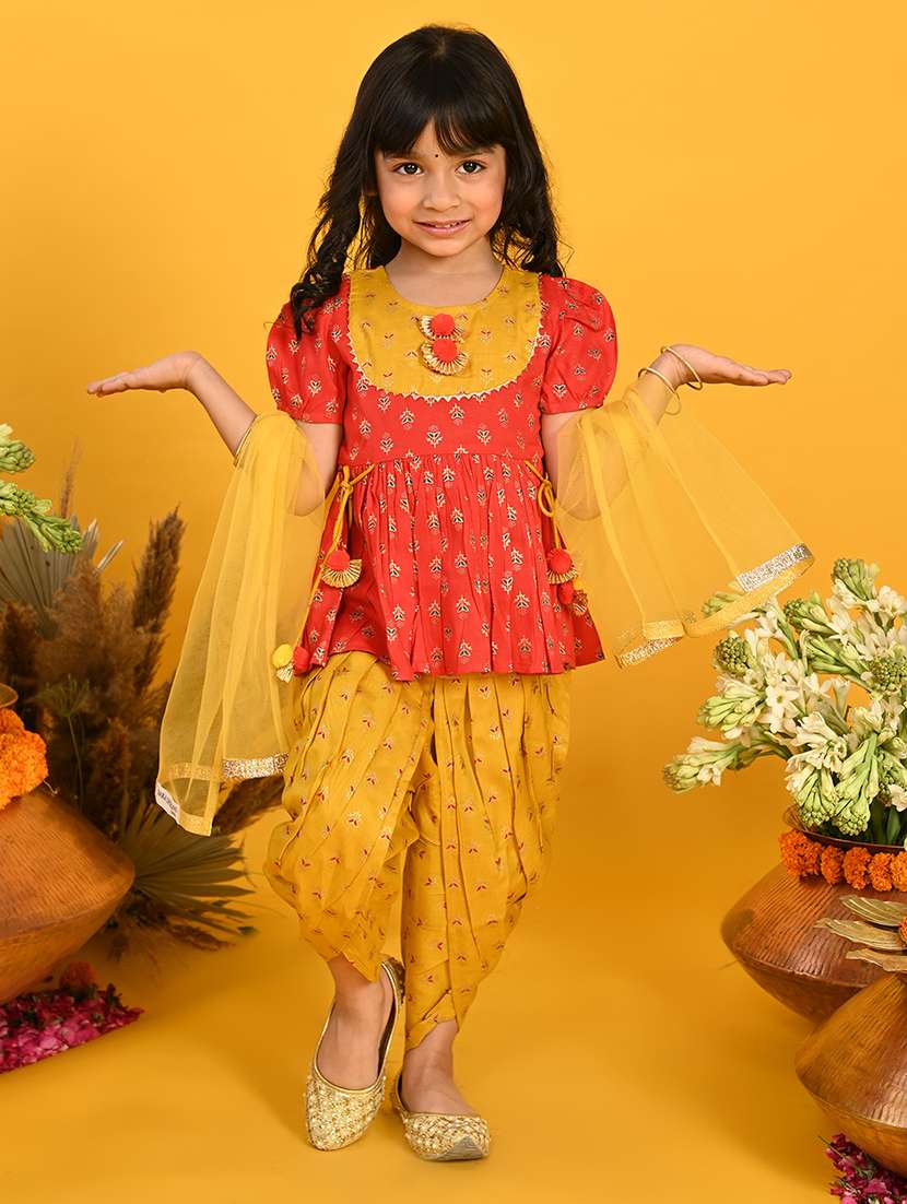 girls printed dhoti and kurta with dupatta set
