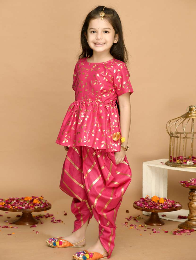 girls foil print short sleeve kurta and dhoti set - 22093378 - Standard Image - 2