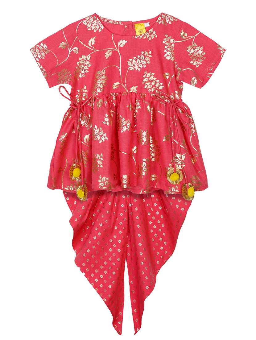 girls foil print kurta and dhoti set 