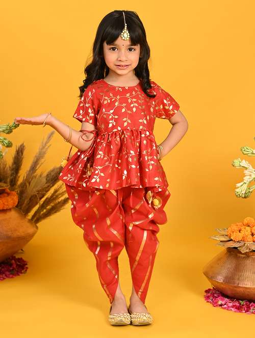 girls foil print kurta and dhoti set 
