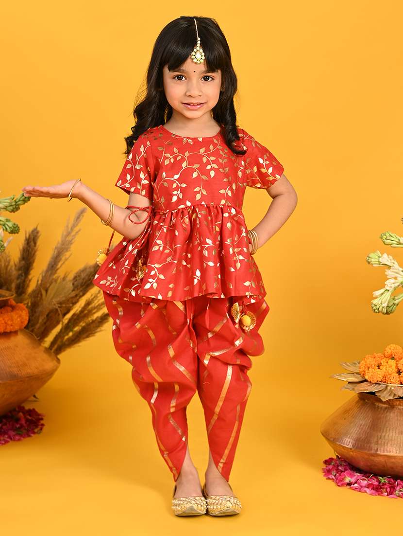 girls foil print kurta and dhoti set 
