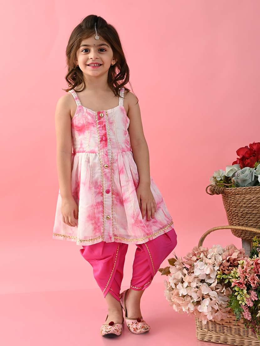 girls tie and dye sleeveless kurta and dhoti set 