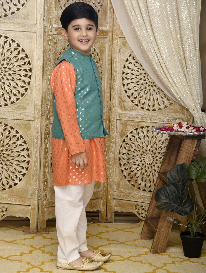 boys foil print kurta and pyjama with jacket - 22093396 -  Standard Image - 2
