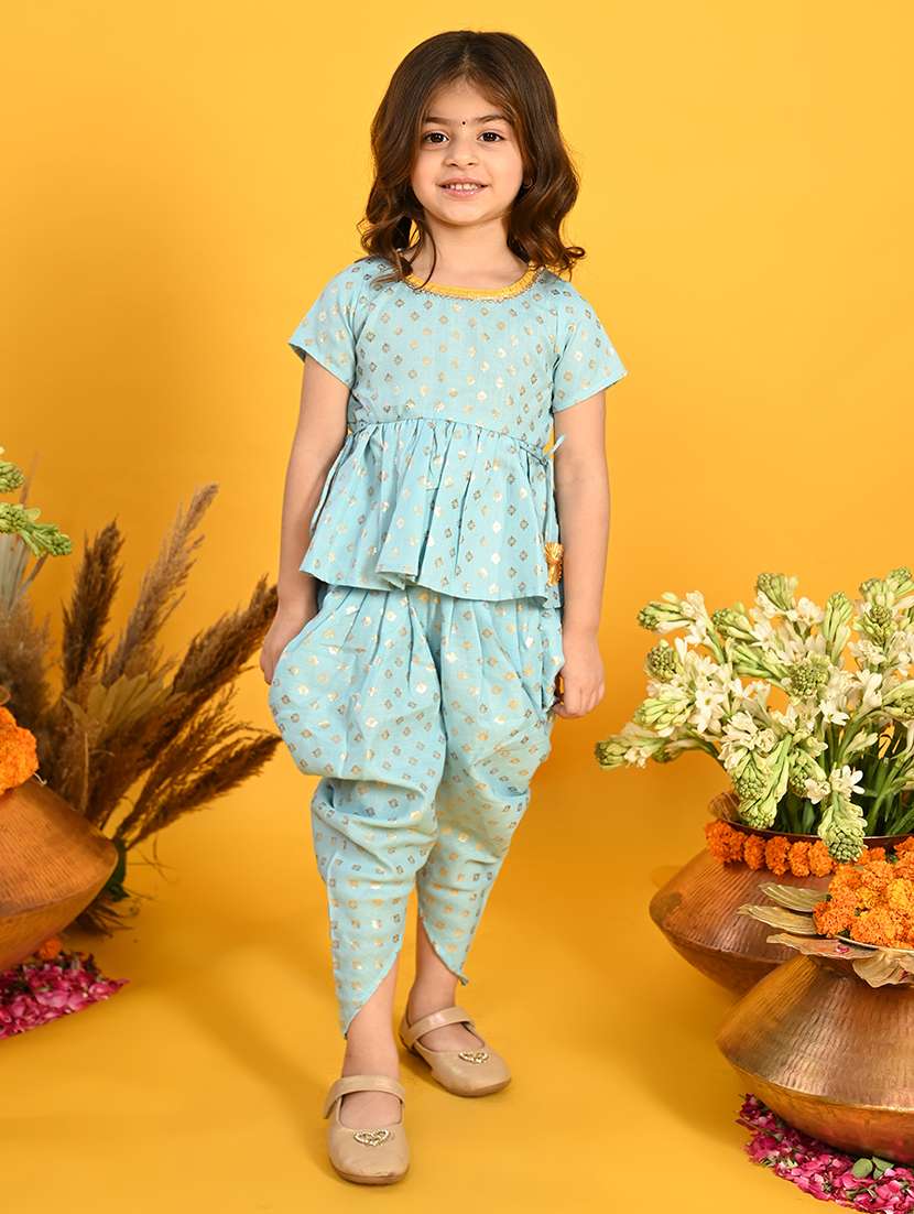 girls foil print kurta and dhoti set 