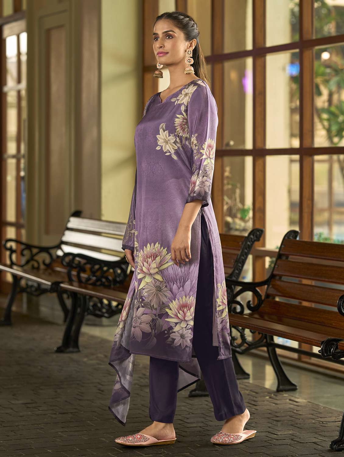 women floral three quarter sleeve kurta pant with dupatta set - 22093578 - Standard Image - 2