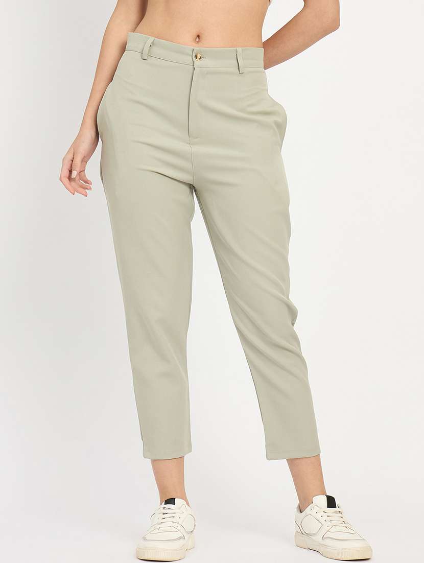 women solid mid rise tailored pants 