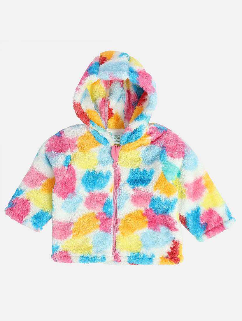 girls printed long sleeve hooded faux fur jacket