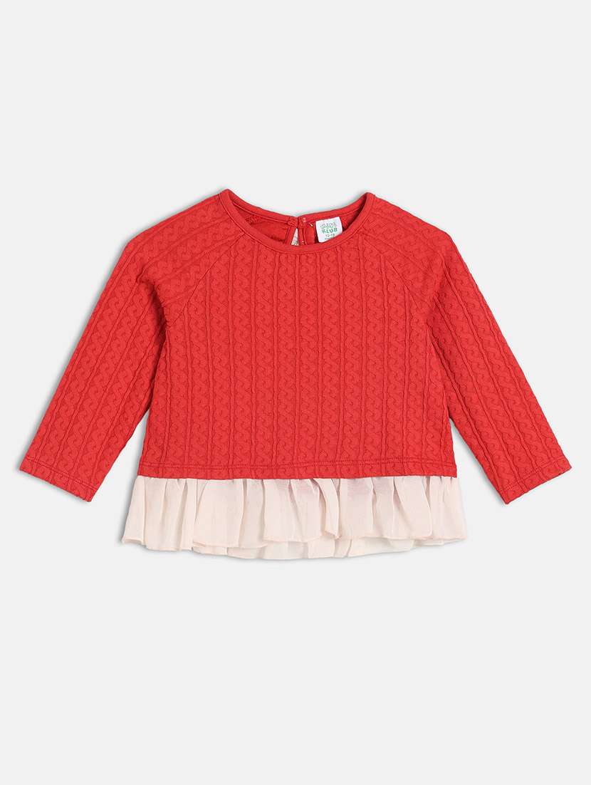 girls red self designed long sleeve top