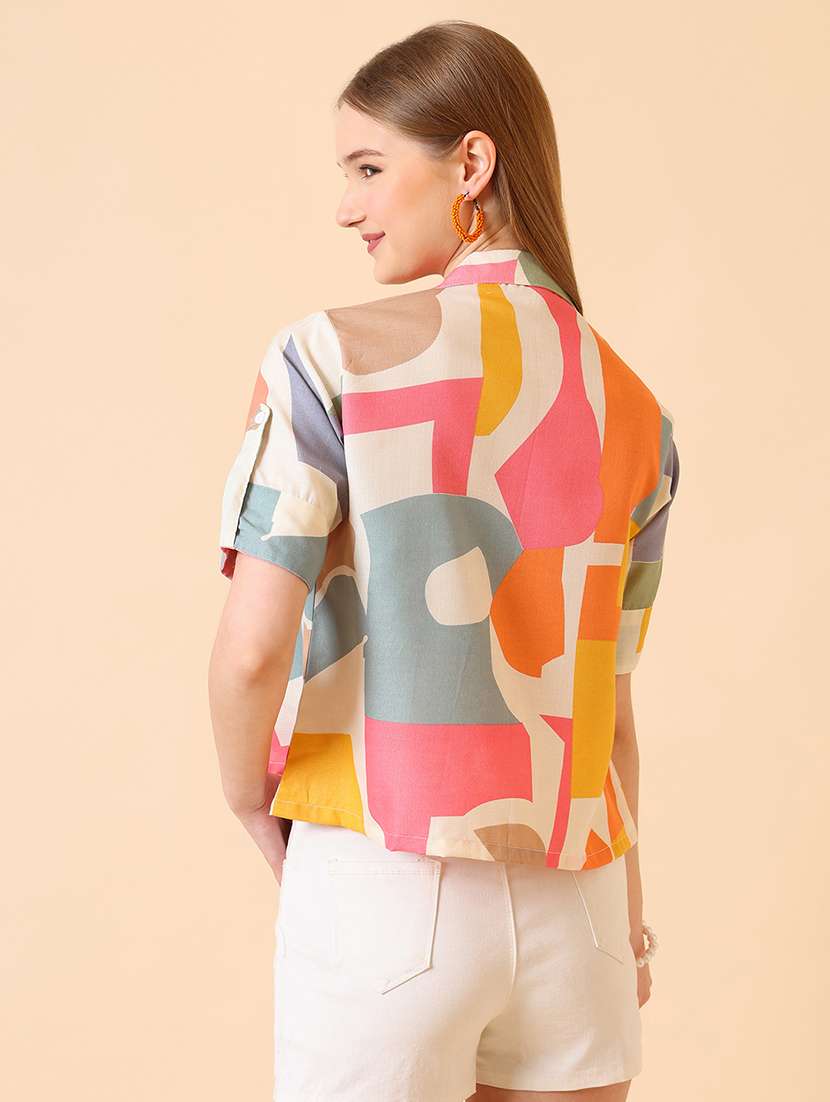 women printed roll-up sleeve crop shirt - 22094014 -  Standard Image - 2