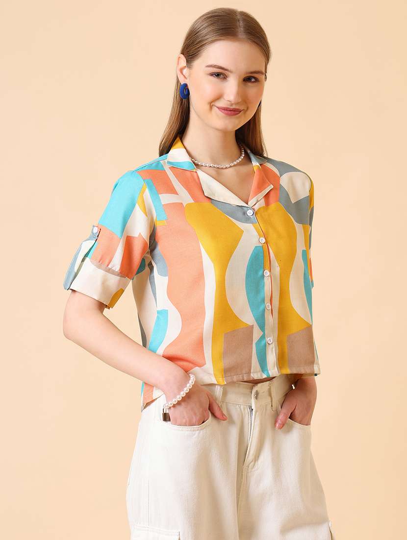women printed roll-up sleeve crop shirt - 22094015 -  Standard Image - 2