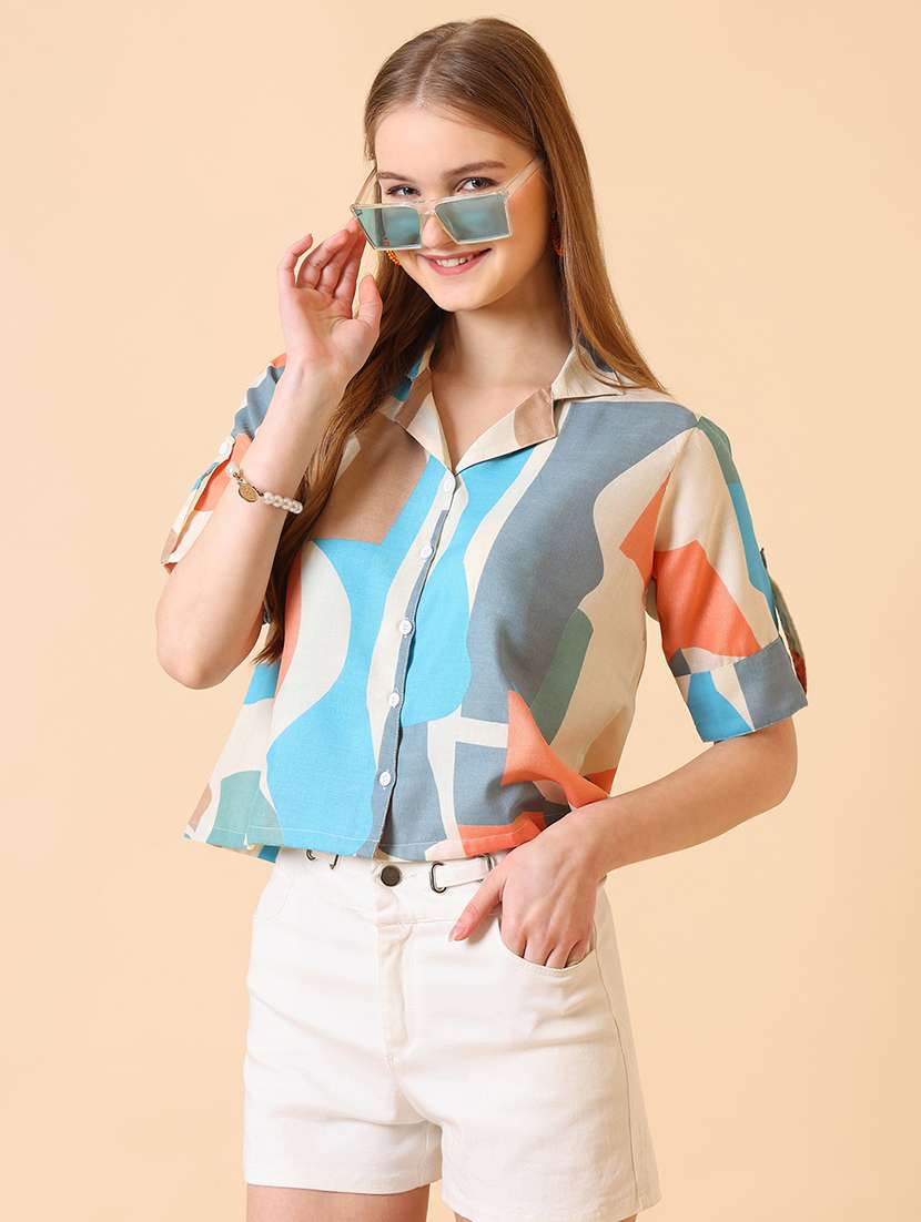 women printed roll-up sleeve crop shirt