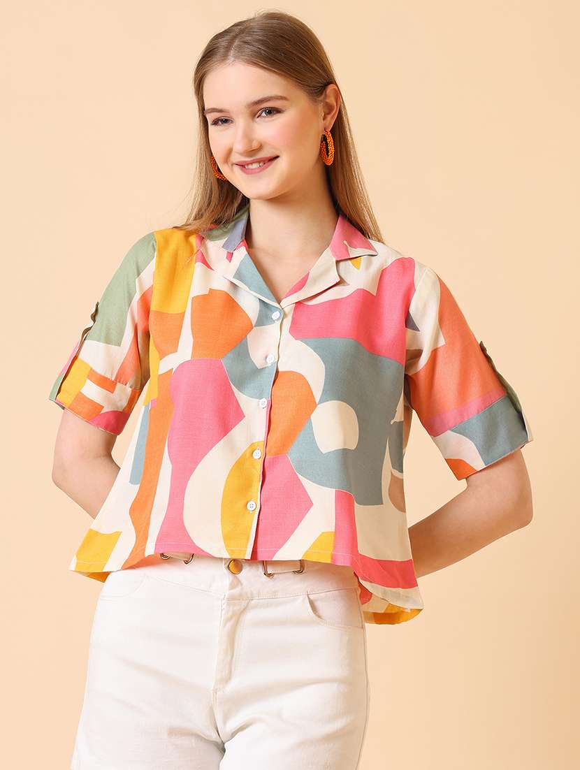 women printed roll-up sleeve crop shirt