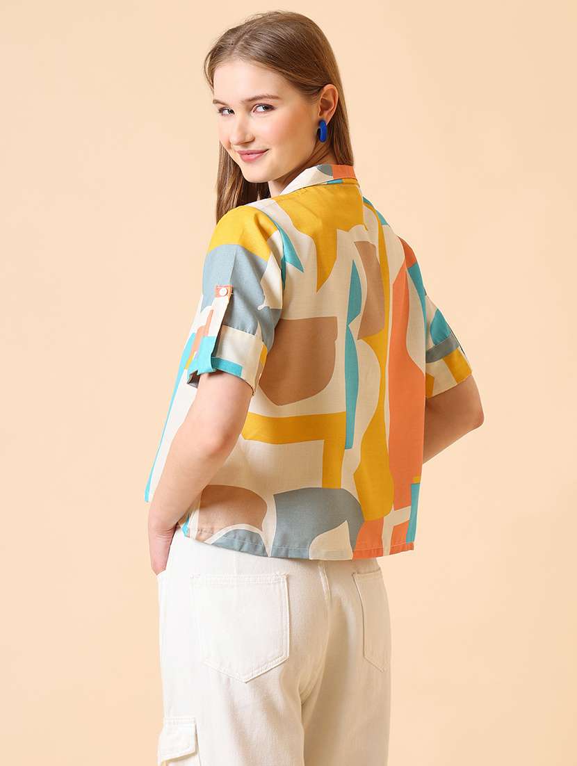 women printed roll-up sleeve crop shirt - 22094062 -  Standard Image - 2