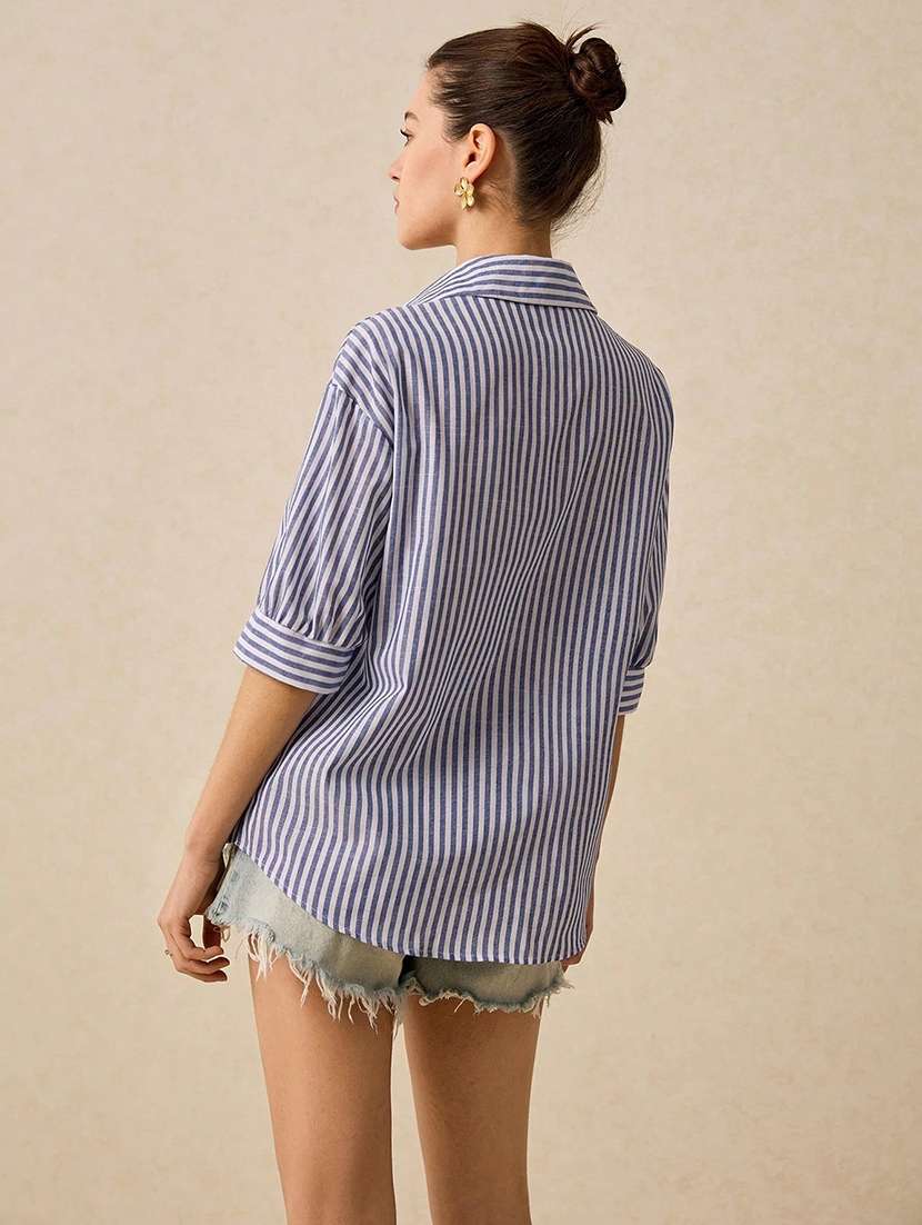 women striped collared long sleeve shirt - 22094070 -  Standard Image - 2