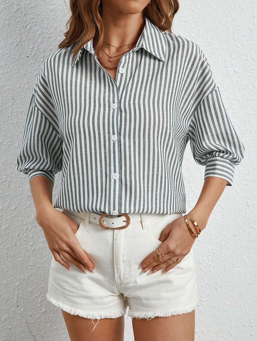 women striped collared long sleeve shirt - 22094072 -  Standard Image - 2