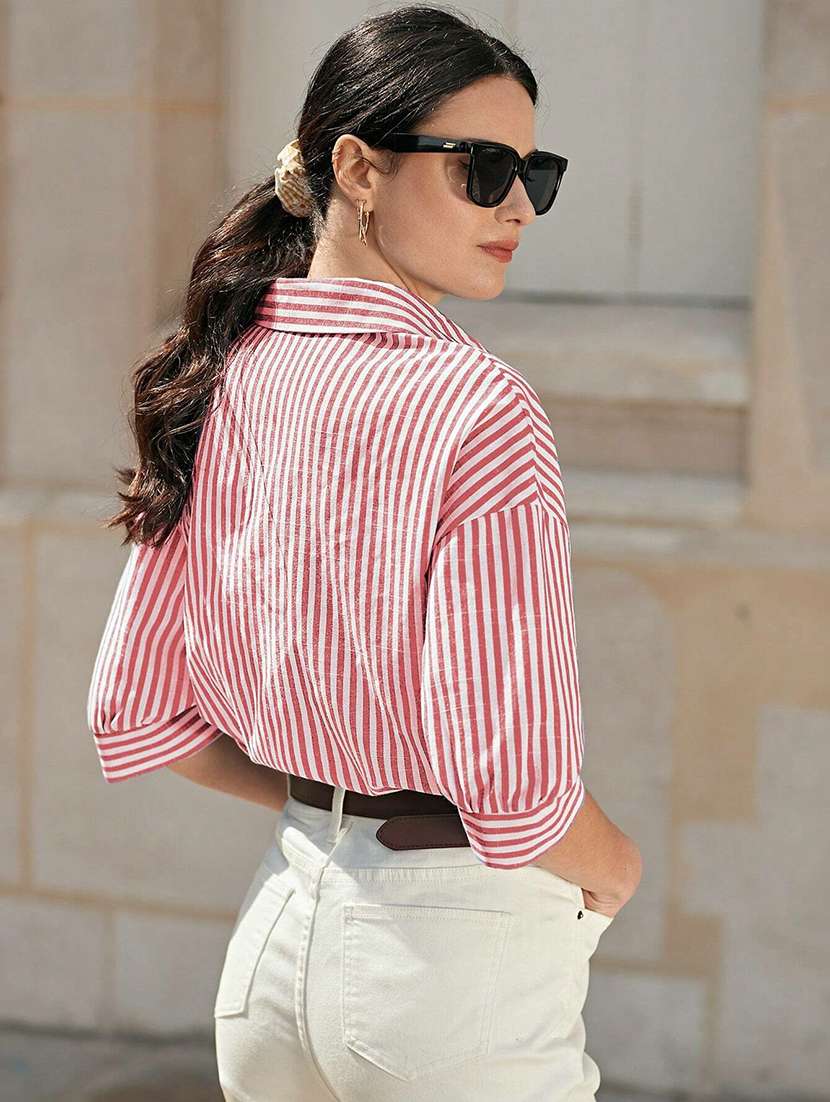 women striped collared long sleeve shirt - 22094073 -  Standard Image - 2