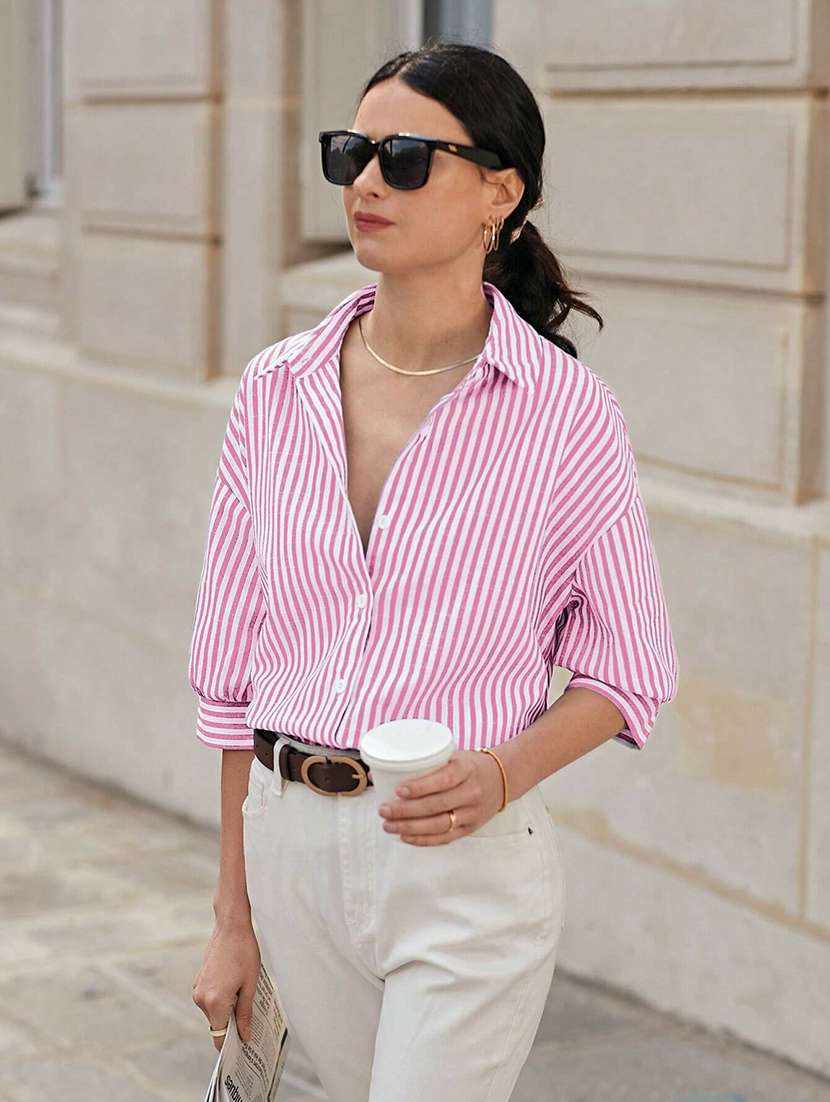 women striped collared long sleeve shirt - 22094074 -  Standard Image - 2