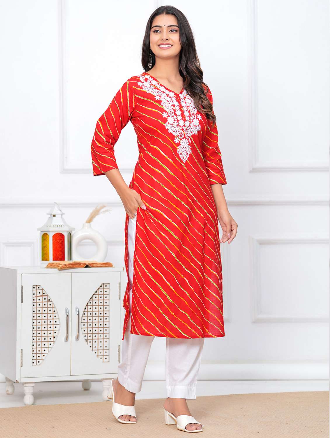 women leheriya three quarter sleeve straight kurta - 22094115 -  Standard Image - 2