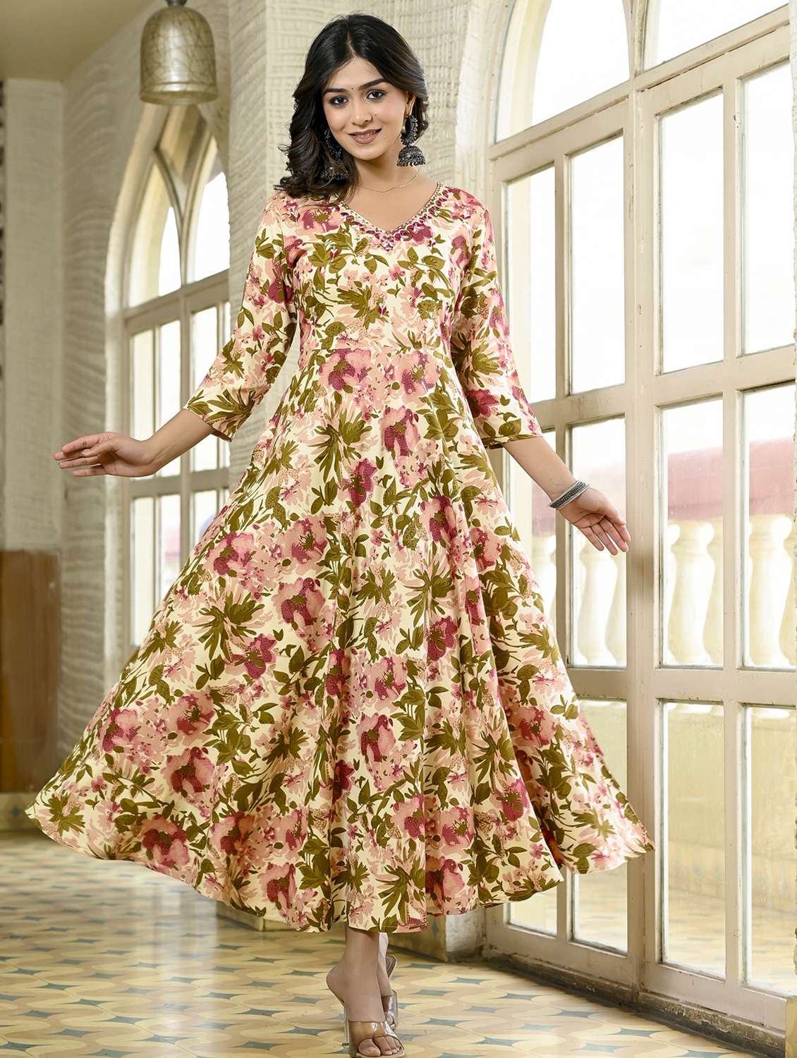 women floral three quarter sleeve flared ethnic dress - 22094131 -  Standard Image - 2