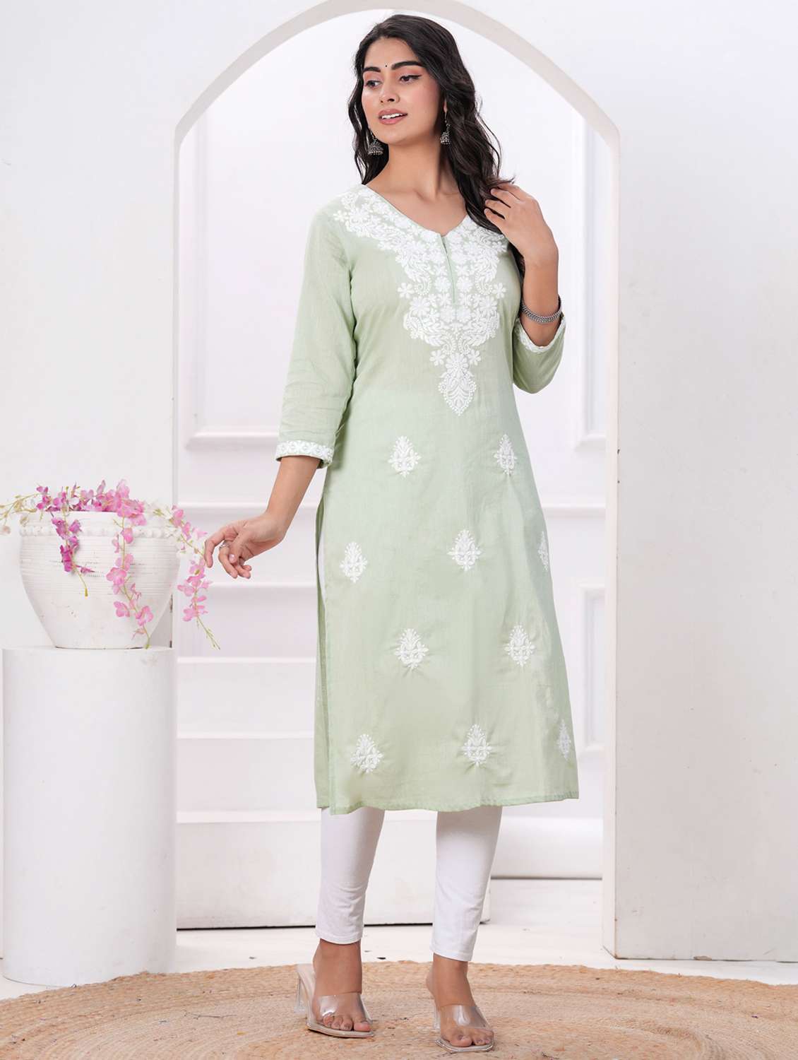 women solid with work three quarter sleeve straight kurta - 22094134 -  Standard Image - 2