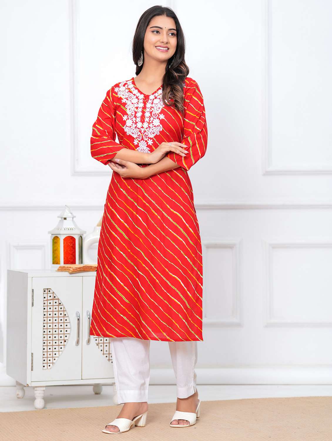 women leheriya three quarter sleeve straight kurta - 22094138 -  Standard Image - 2