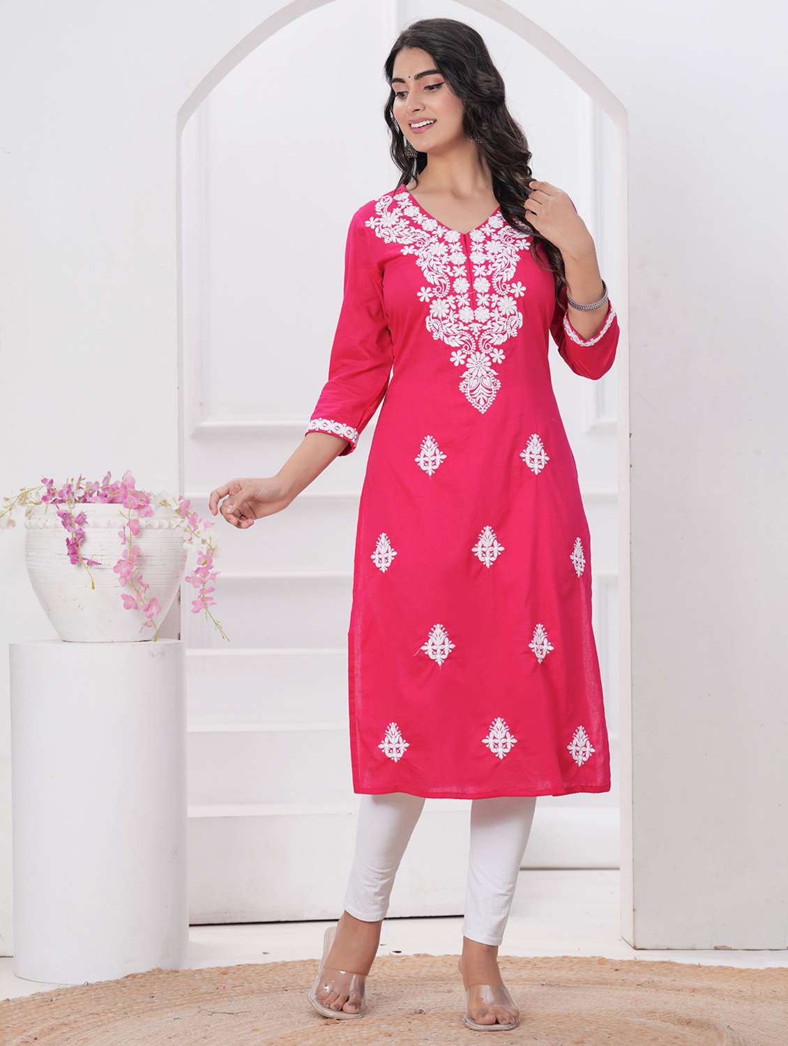 women solid with work three quarter sleeve straight kurta - 22094142 -  Standard Image - 2