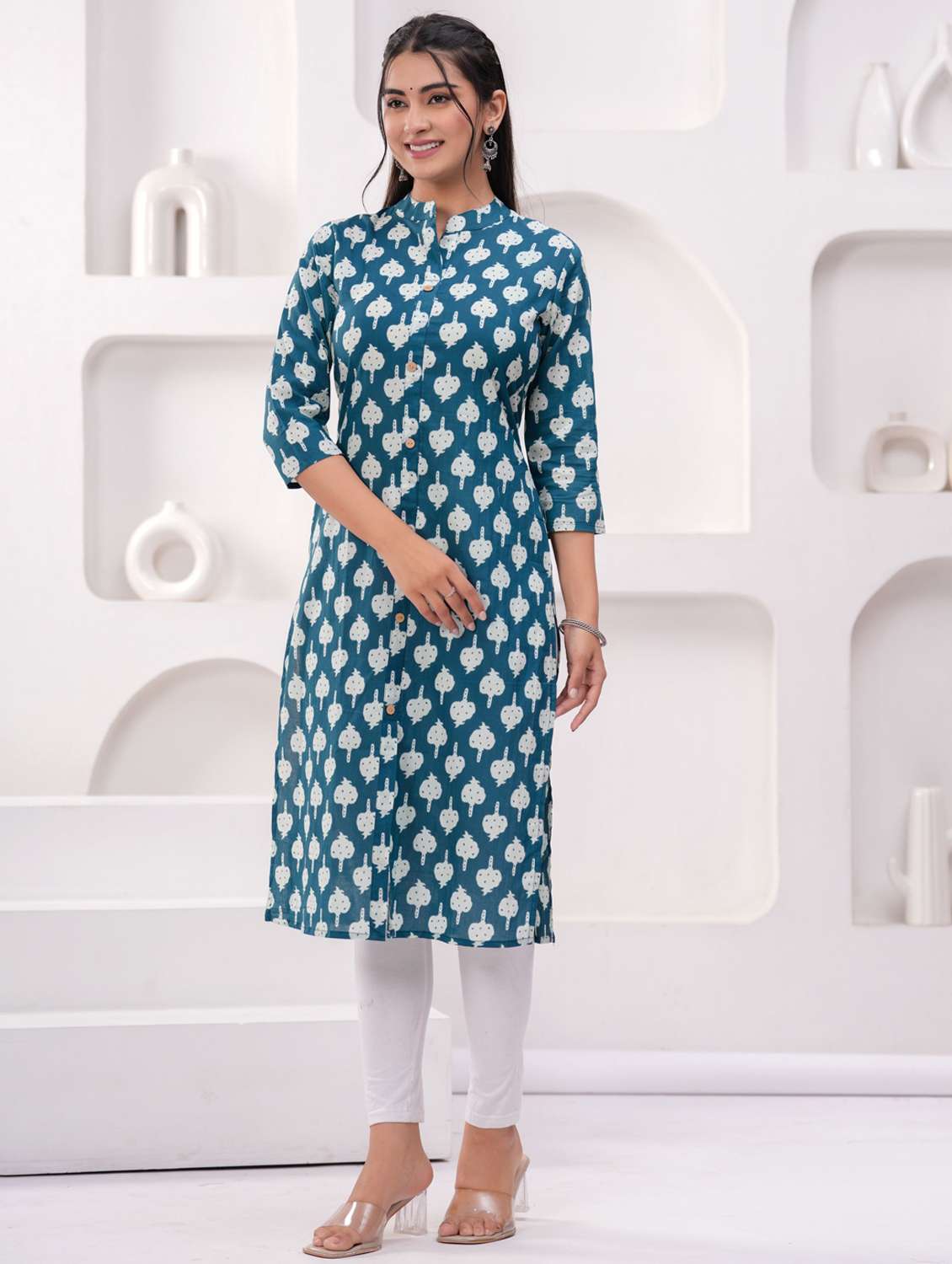 women printed three quarter sleeve straight kurta - 22094149 -  Standard Image - 2
