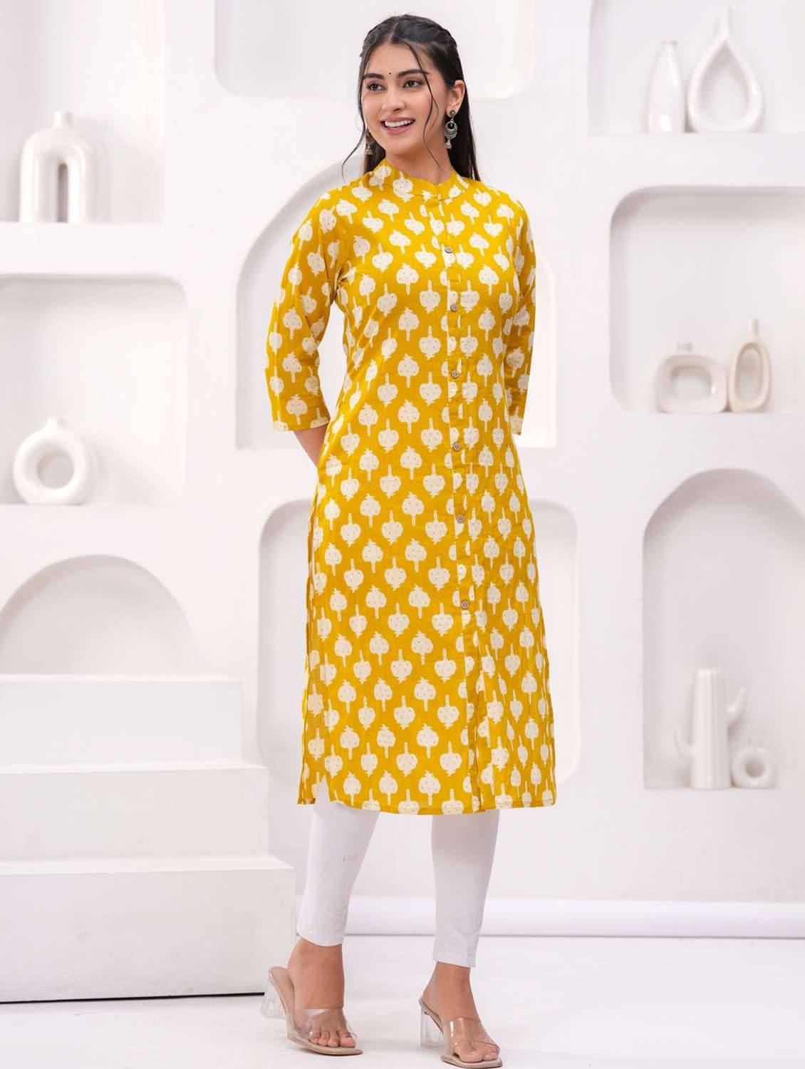 women printed three quarter sleeve straight kurta - 22094150 -  Standard Image - 2