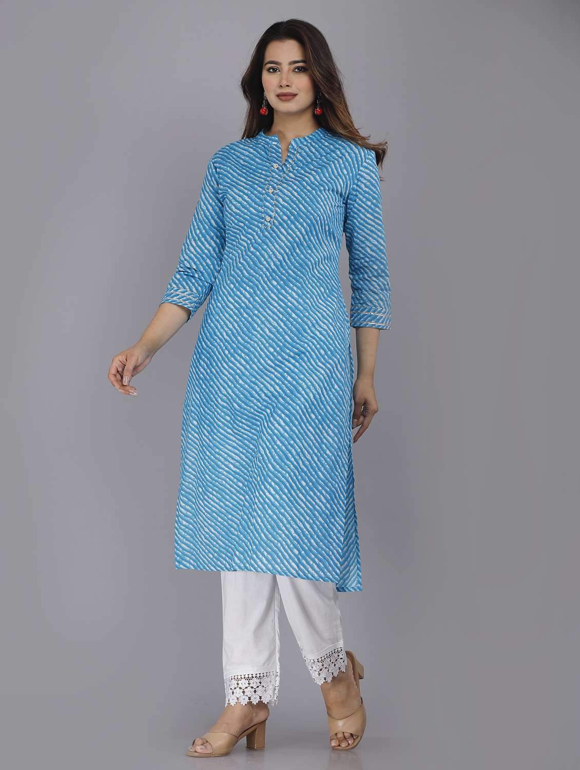 Women Leheriya Three Quarter Sleeve Straight Kurta - 22094165 -  Standard Image - 2