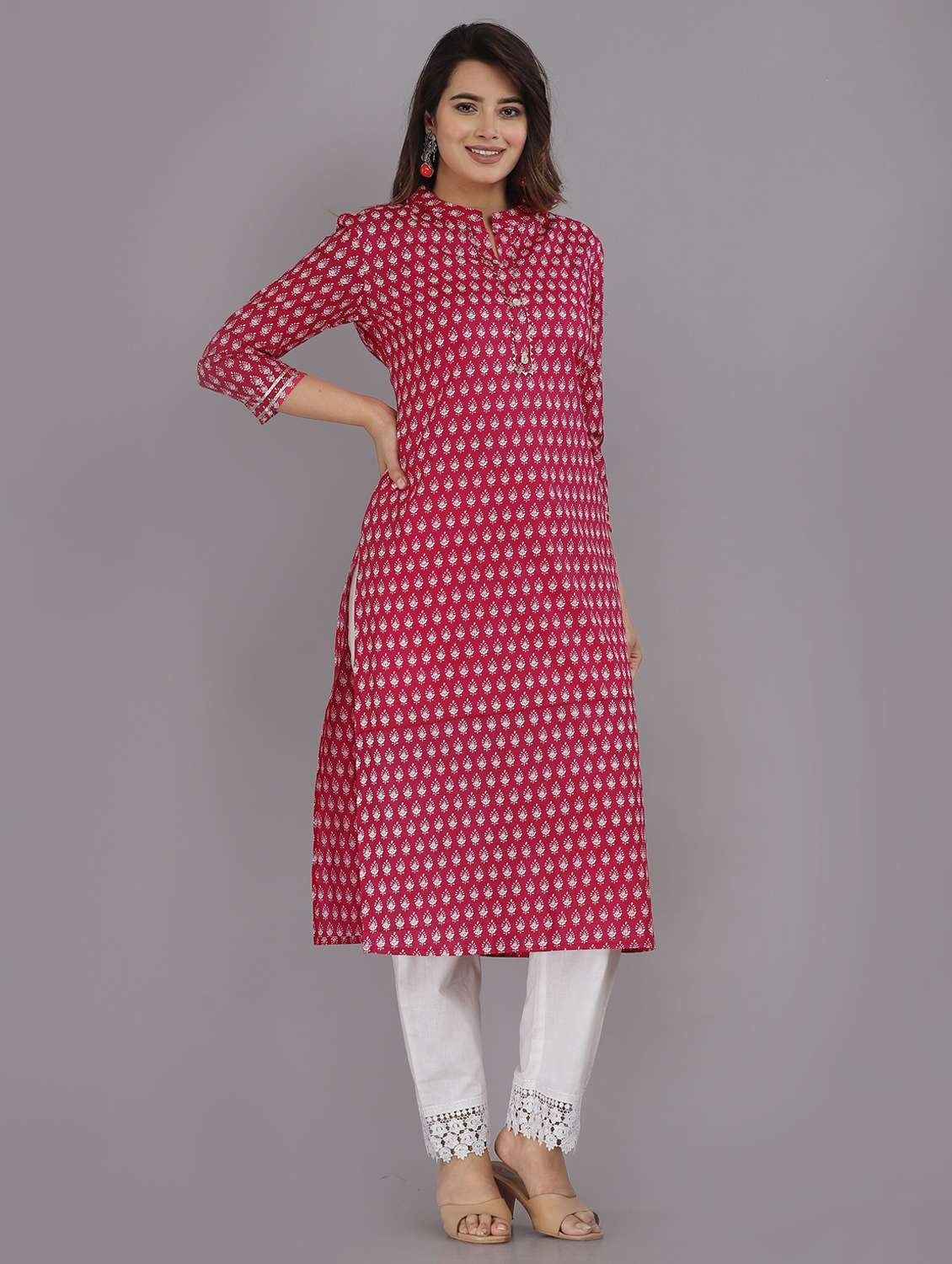 women printed three quarter sleeve straight kurta - 22094171 -  Standard Image - 2