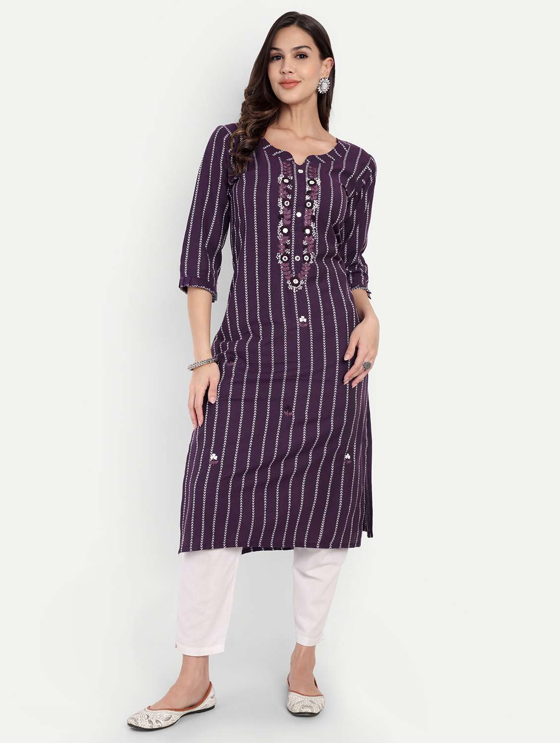 women embroidered three quarter sleeve straight kurta
